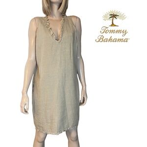 Tommy Bahama 100% Linen Shift Dress Raw Hem Fringe Detail Hip Pockets V-Neck